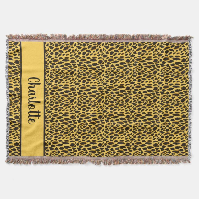 Yellow Cheetah Print with Black Spots Custom Name Throw Blanket (Front)