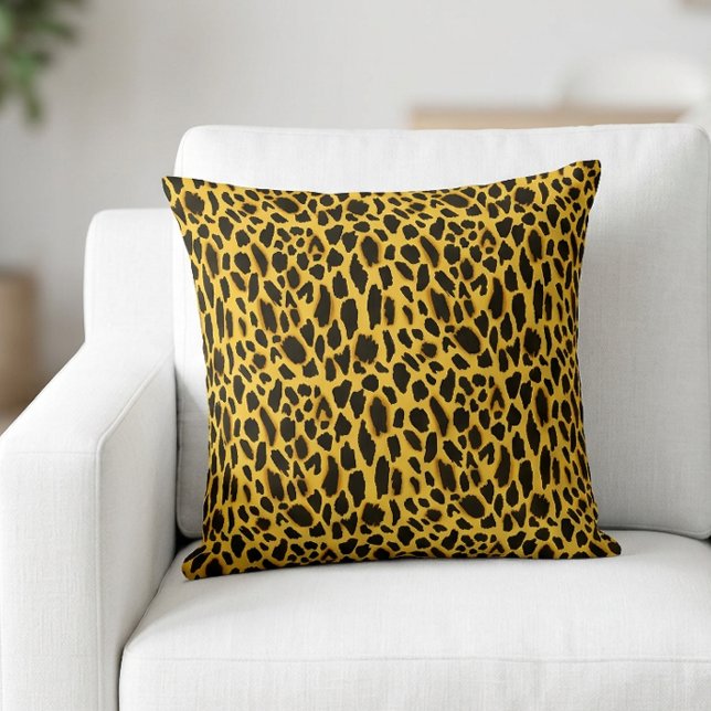 Yellow Cheetah Print with Black Spots Throw Pillow (Animal Print Pillow)