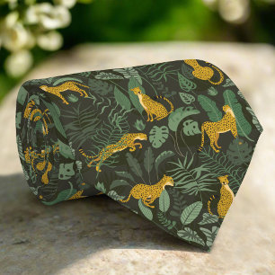 Yellow Cheetahs Wild Jungle Tropical Green Plants Neck Tie