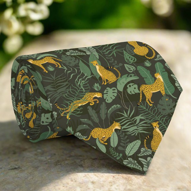 Yellow Cheetahs Wild Jungle Tropical Green Plants Neck Tie (Creator Uploaded)