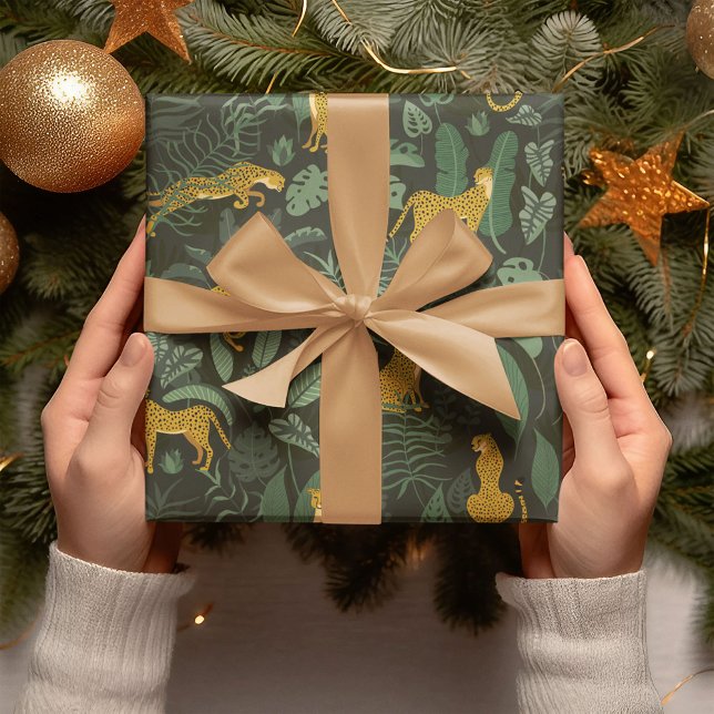 Yellow Cheetahs Wild Jungle Tropical Green Plants Wrapping Paper (Creator Uploaded)