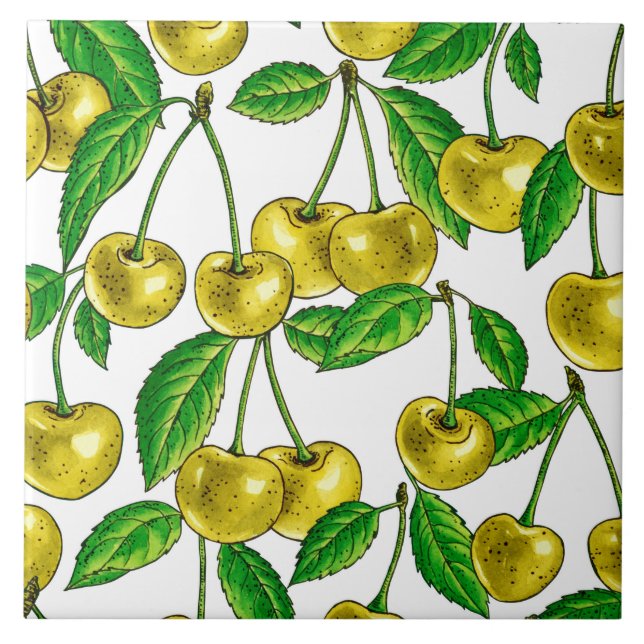 Yellow cherries on white ceramic tile (Front)
