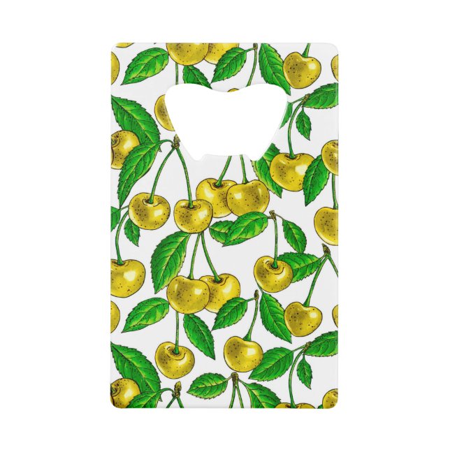 Yellow cherries on white credit card bottle opener (Front)