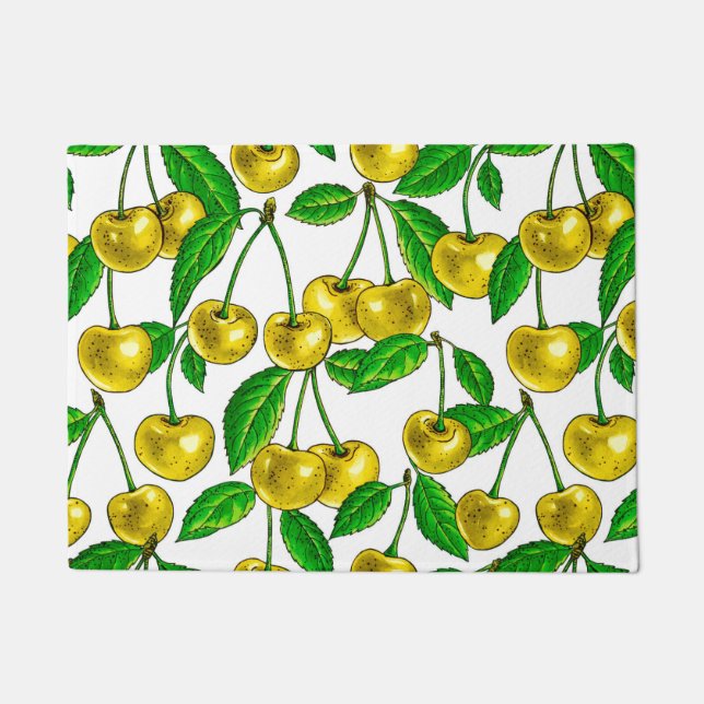 Yellow cherries on white doormat (Front)