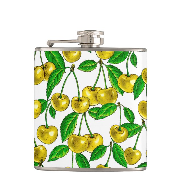 Yellow cherries on white flask (Front)