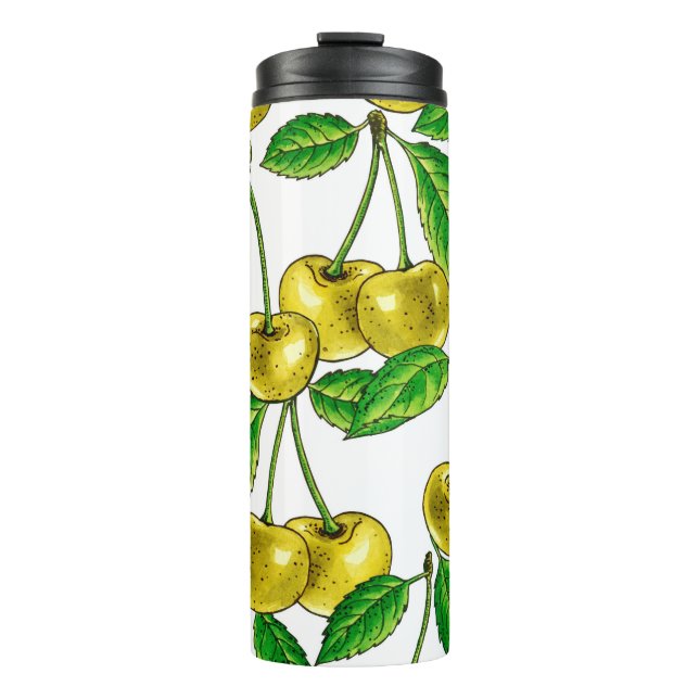 Yellow cherries on white thermal tumbler (Front)
