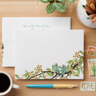 Yellow Cherry Blossom Vintage Aqua Bird Envelopes