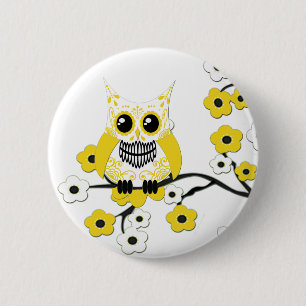 Yellow Cherry Blossoms Owl Button