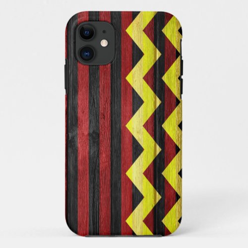 Yellow Chevron  Black Red Stripes on Wooden iPhone 11 Case
