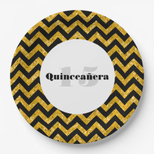 Yellow Chevron Glitter Quinceañera Paper Plates