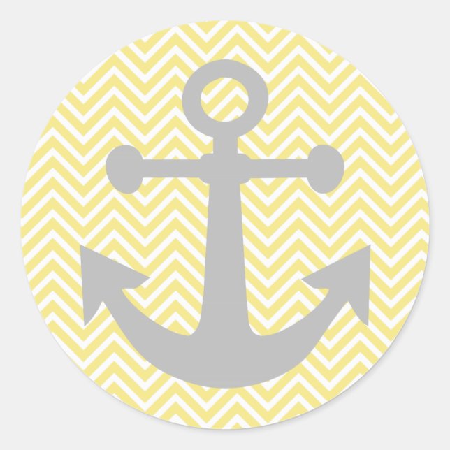 Yellow Chevron Gray Anchor Classic Round Sticker (Front)
