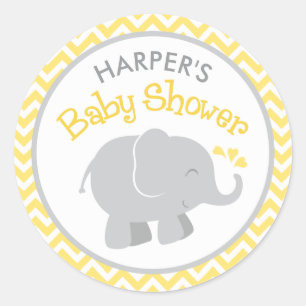 Yellow Chevron Gray Elephant Baby Shower Classic Round Sticker