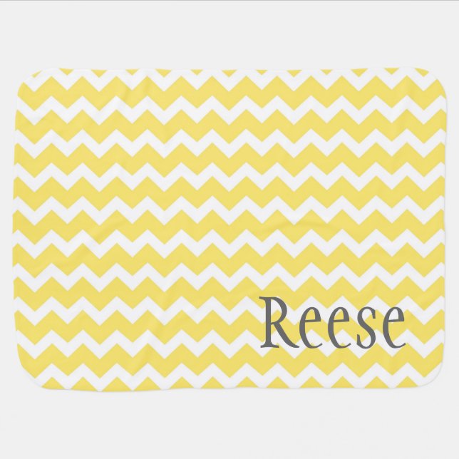Yellow Chevron Grey Custom Name Baby Blanket (Horizontal)