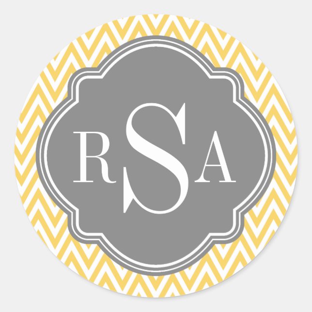 Yellow Chevron Grey Monogram Initial Letters Classic Round Sticker (Front)