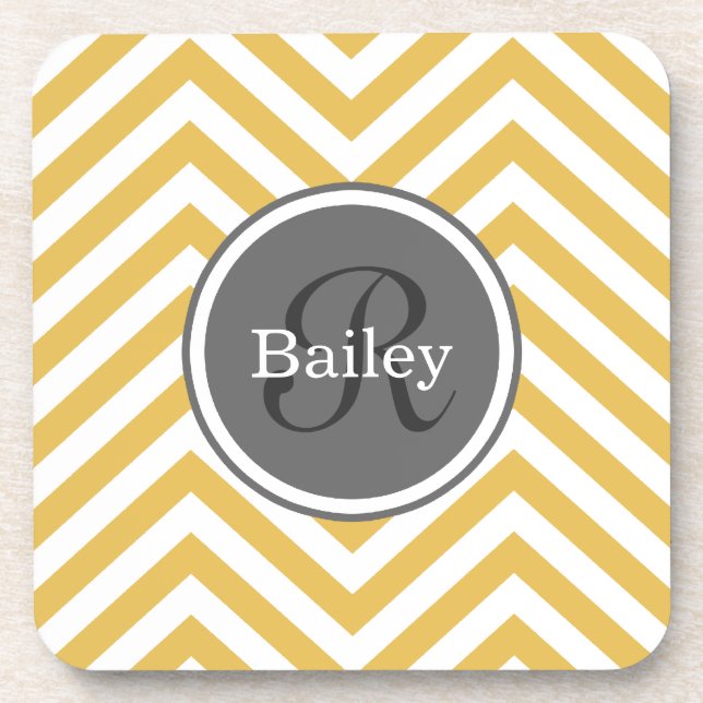Yellow Chevron Monogram Beverage Coaster (Front)