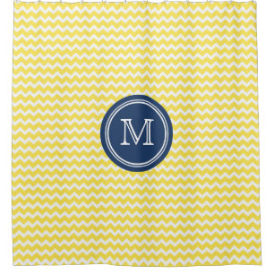 Yellow Chevron Navy Blue Monogram Shower Curtain