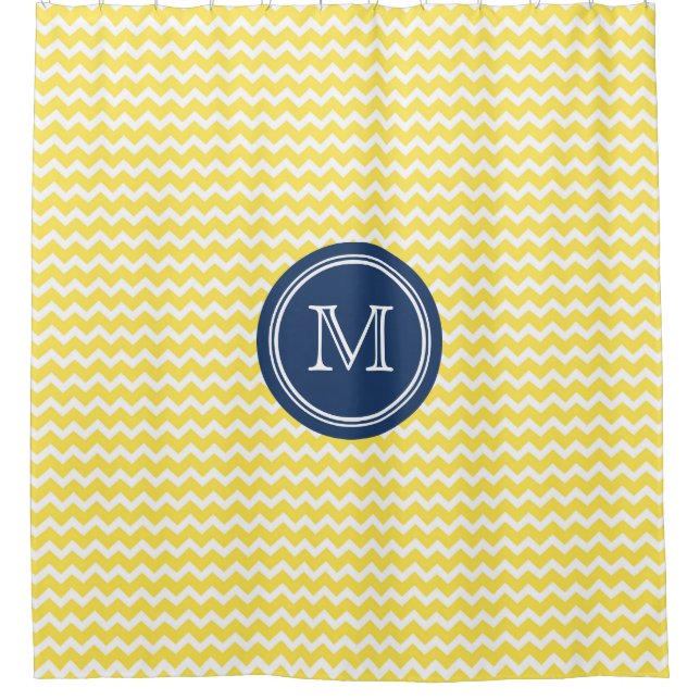 Yellow Chevron Navy Blue Monogram Shower Curtain (Front)