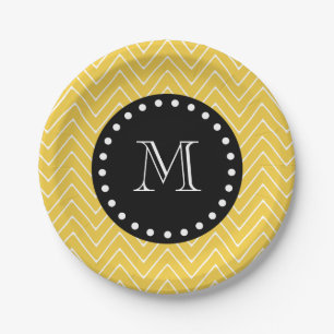 Yellow Chevron Pattern   Black Monogram Paper Plates