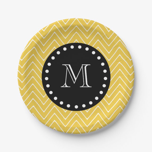 Yellow Chevron Pattern | Black Monogram Paper Plates (Front)