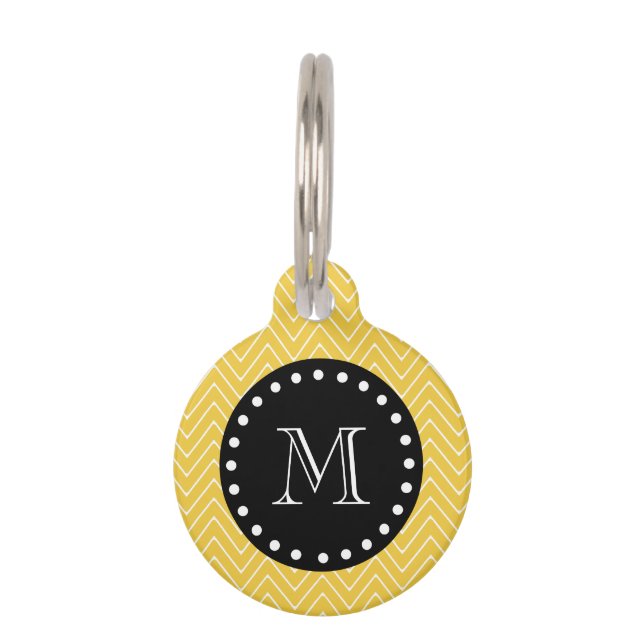 Yellow Chevron Pattern | Black Monogram Pet ID Tag (Front)