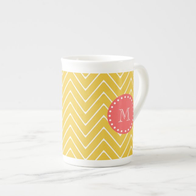 Yellow Chevron Pattern | Coral Monogram Bone China Mug (Front Right)