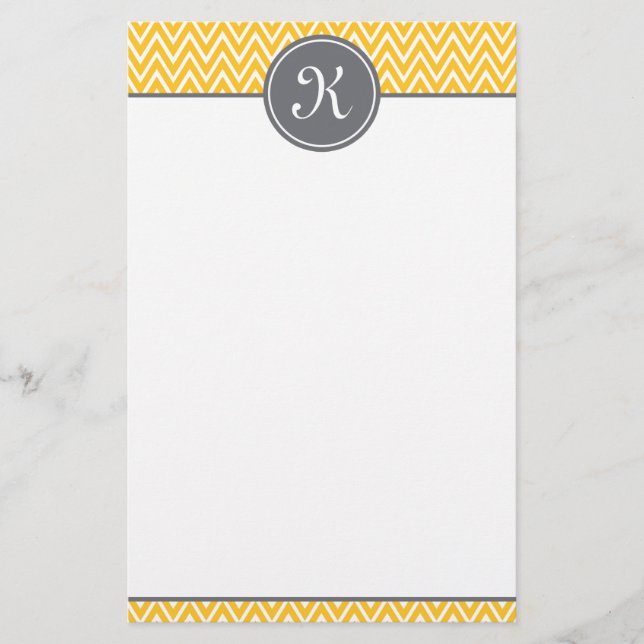 Yellow Chevron Pattern Gray Monogram Stationery (Front)