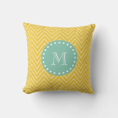 Yellow Chevron Pattern  Mint Green Monogram Throw Pillow