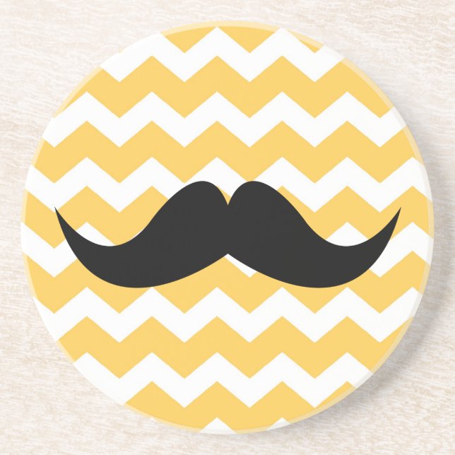 Yellow chevron pattern mustache thirsty sandstone coaster (Front)