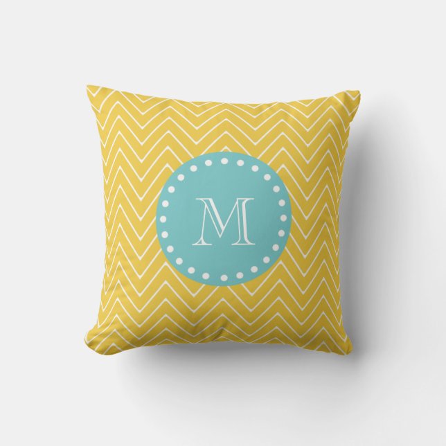 Yellow Chevron Pattern | Teal Monogram Throw Pillow (Front)