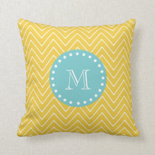 Yellow Chevron Pattern Teal Monogram Throw Pillow
