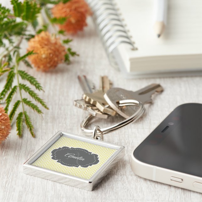 Yellow Chevron Personalized Keychain (Side)