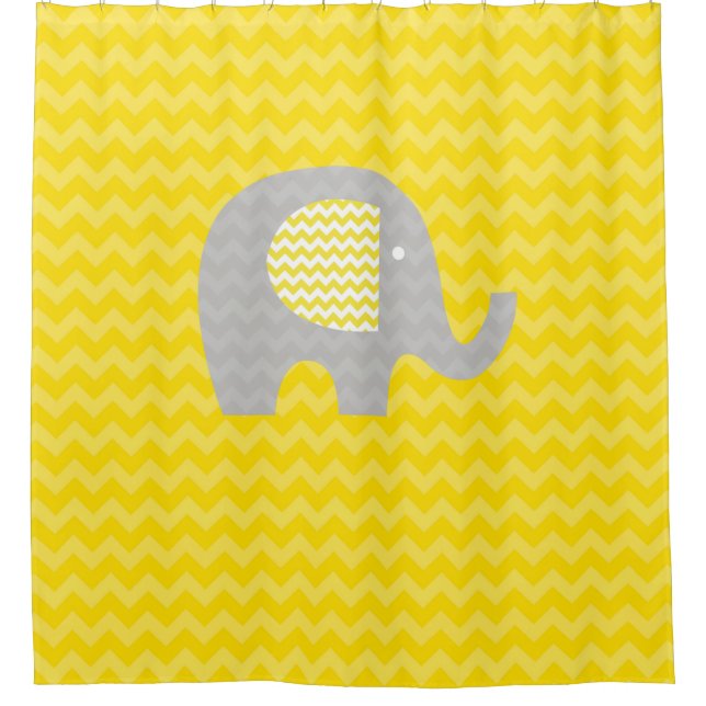 Yellow Chevron Stripe With Gray Elephant Shower Curtain (Front)