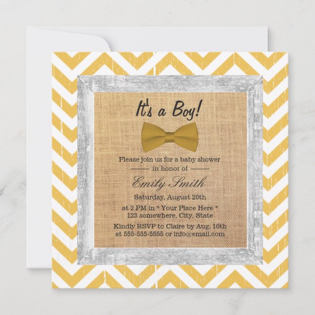 Yellow Chevron Stripes Gold Bow Tie Baby Shower Invitation (Front)