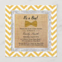 Yellow Chevron Stripes Gold Bow Tie Baby Shower Invitation