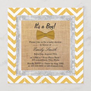 Yellow Chevron Stripes Gold Bow Tie Baby Shower Invitation