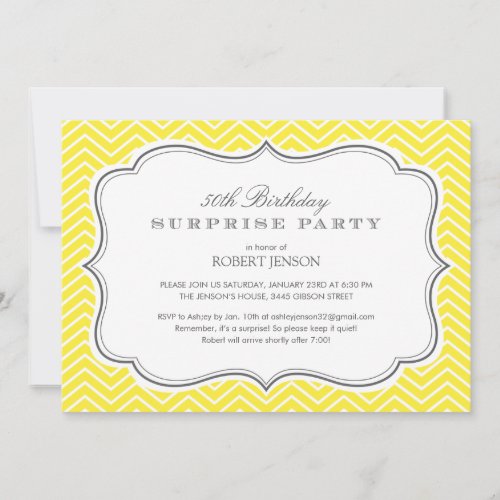 Yellow Chevron Stripes Surprise Party Invitations - Yellow and gray chevron stripes surprise party invitations with a fun but formal design. Customize the wording to use for any type of surprise party.