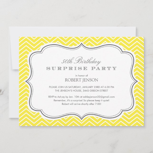 Yellow Chevron Stripes Surprise Party Invitations (Front)