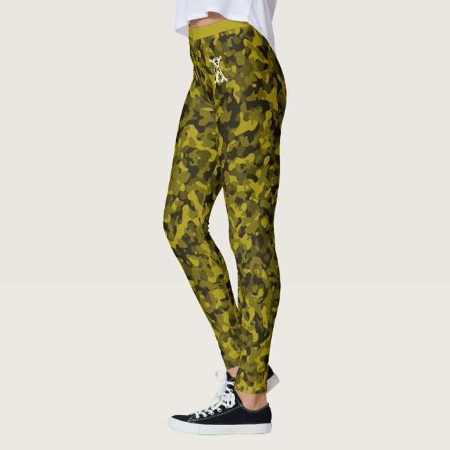 Yellow Chic Camouflage Pattern Custom Monogram Leggings (Left)