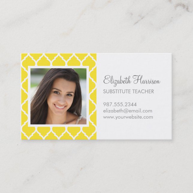 Yellow Chic Moroccan Lattice Photo Business Card (Front)