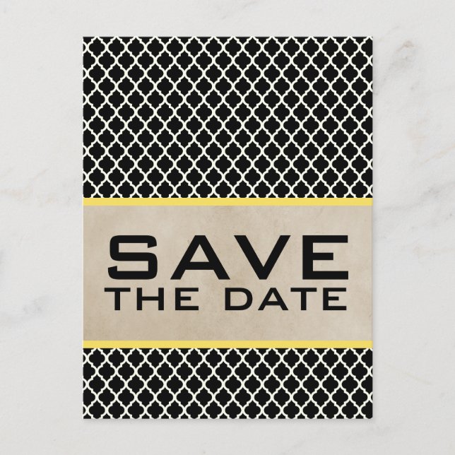 Yellow Chic Quatrefoil Save the Date Postcard (Front)
