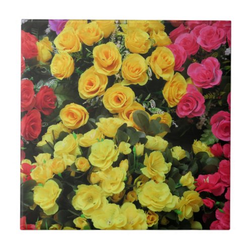 yellowChic vintage red pink roses flowers Ceramic Tile