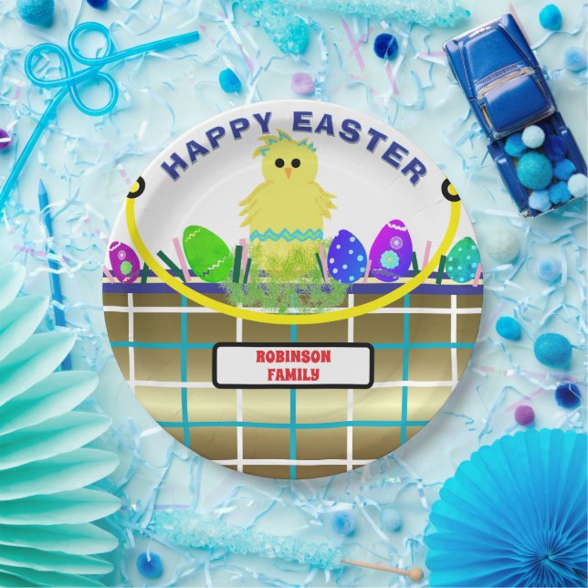 Yellow Chick Egg Blue Gold Easter Basket Paper Plates (Party)