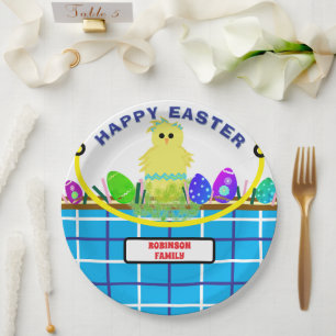 Yellow Chick Egg Blue White Easter Basket Paper Plates