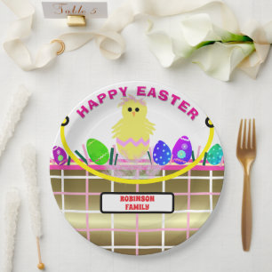 Yellow Chick Egg Pink Gold Easter Basket Paper Plates