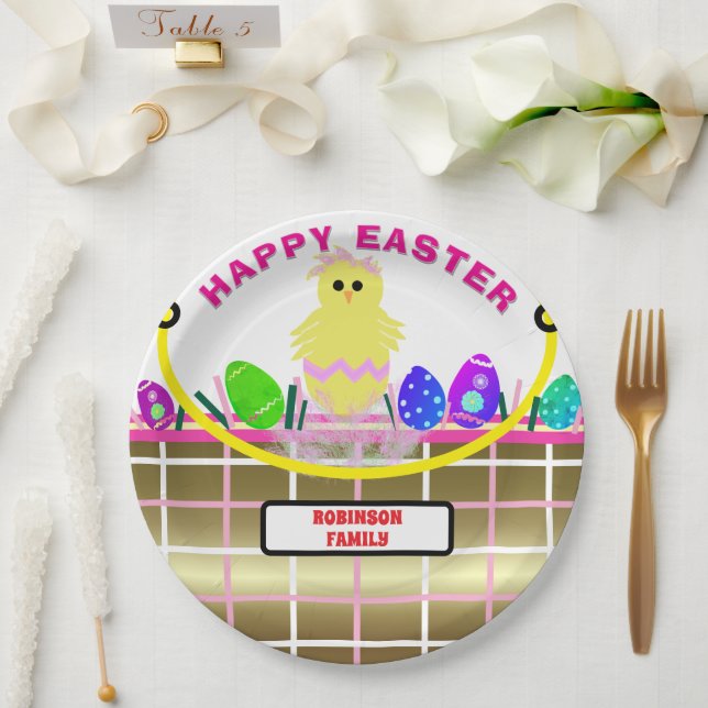 Yellow Chick Egg Pink Gold Easter Basket Paper Plates (Wedding)