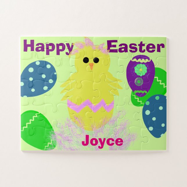 Yellow Chick Eggs Easter Personalized NAME Jigsaw Puzzle (Horizontal)