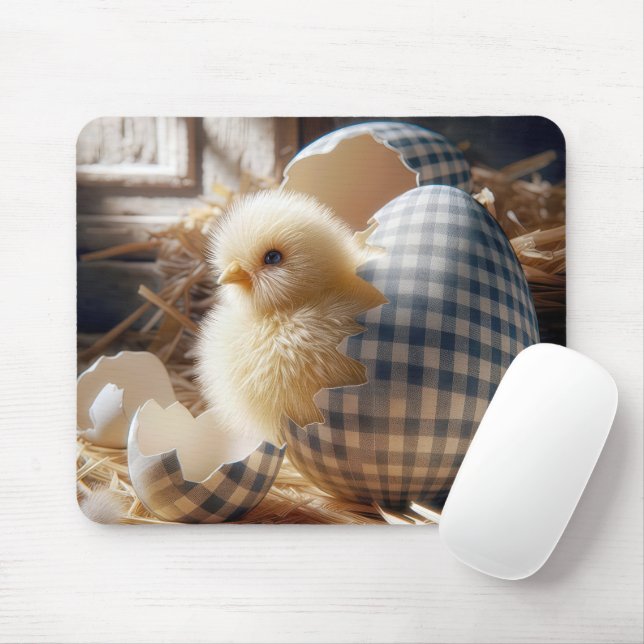 Yellow Chick Hatching From a Gingham Egg Mouse Pad (With Mouse)
