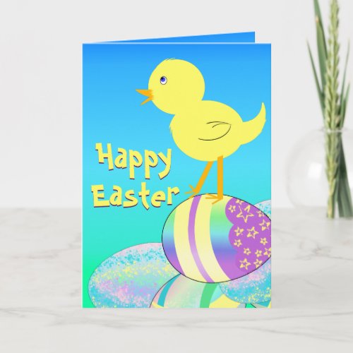 Yellow Chick with Pastel Eggs HAPPY EASTER Holiday Card