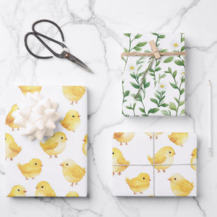 Yellow Chickens Daisy Flower Baby Shower Wrapping Paper Sheets
