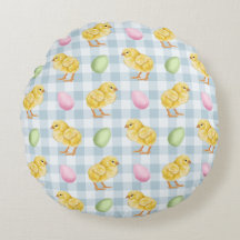 Yellow Chicks And Eggs On Blue Gingham Pattern